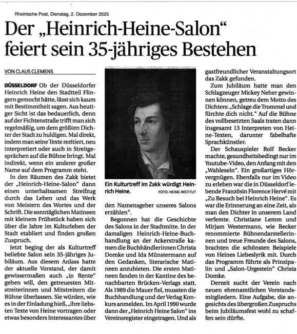 Rheinische Post 02.12.2025: Der „Heinrich Heine Salon“ feiert sein 35-jähriges Bestehen